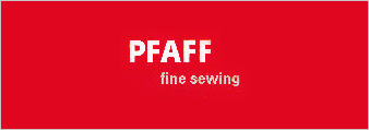 A red background with the words pfaff fine sewing in white.